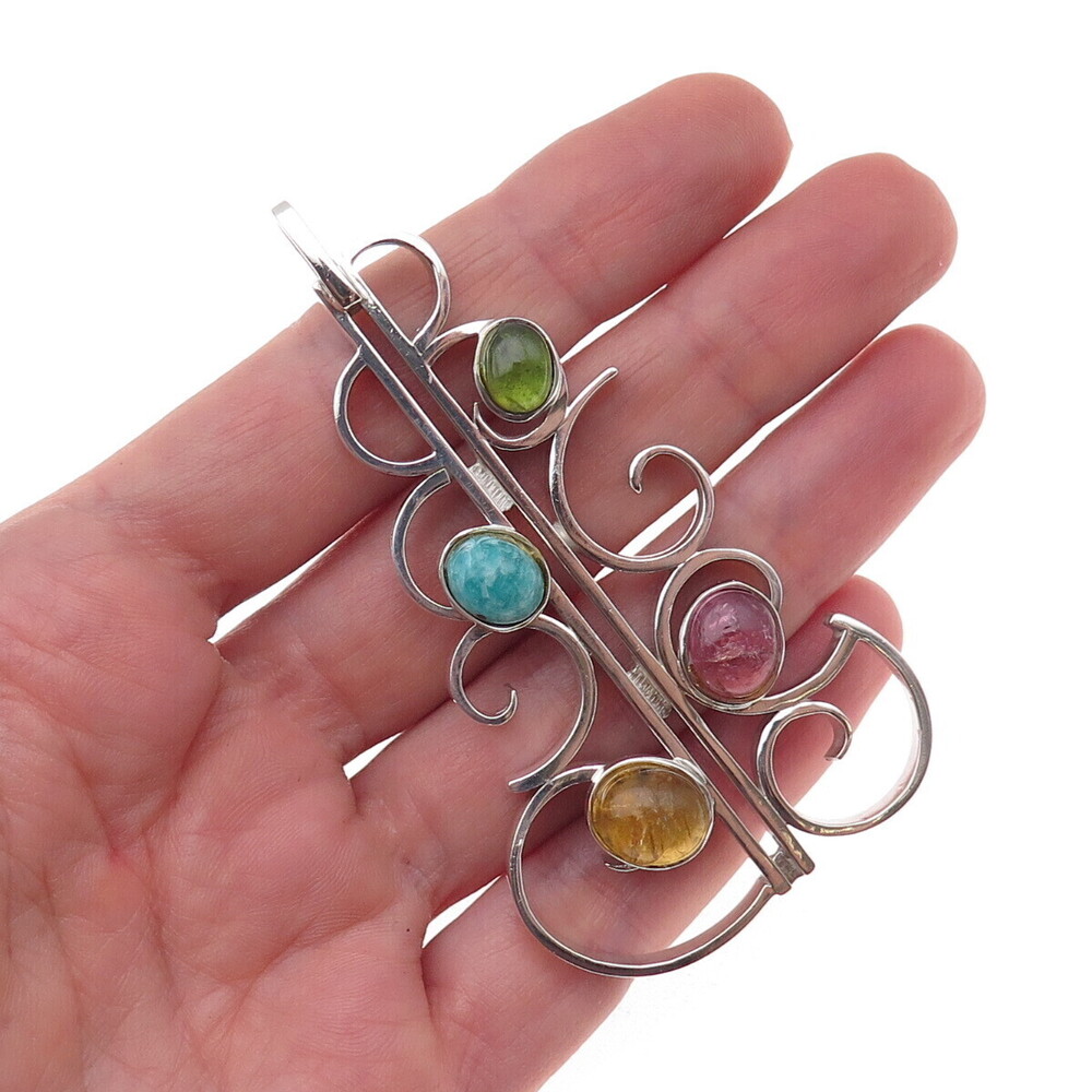935 Silver Vintage Real Amazonite Tourmaline Citrine & Peridot Modernist Pendant